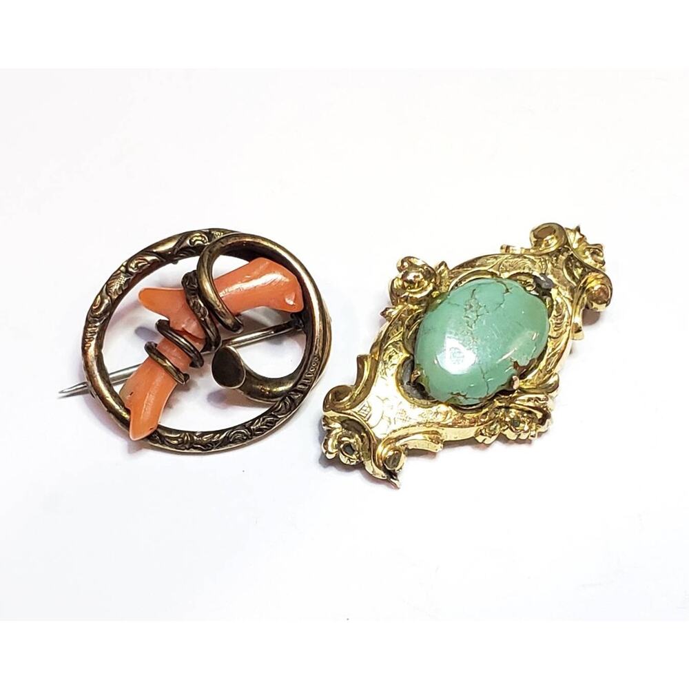 Victorian Brooch (2) Antique Victorian Brooches Coral & Turquoise Vermeil - Picture 6 of 6